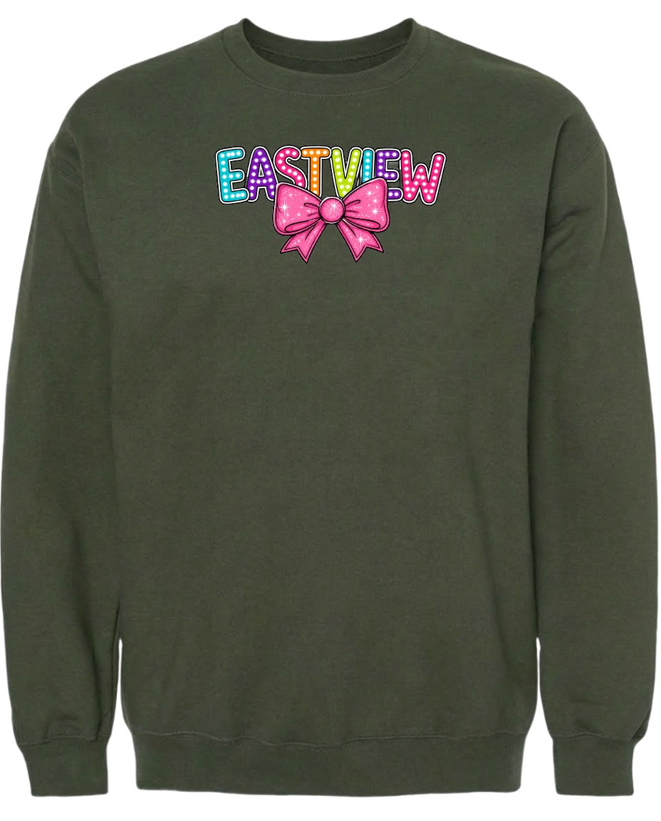 A dark green sweatshirt with a colorful bow and the word "EASTVIEW" printed on it.
