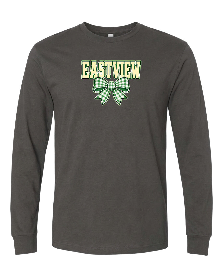 A gray long-sleeved t-shirt with a green and white bow design and the word "EASTVIEW" printed on it.