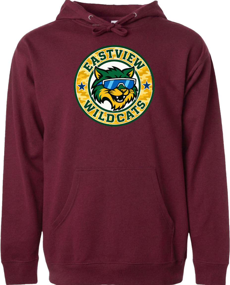 A burgundy-colored hoodie with a circular logo featuring a cartoon cat wearing sunglasses and the text "EASTVIEW WILDCATS".
