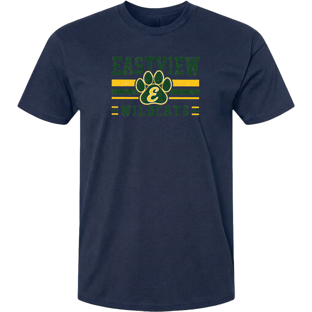 A navy blue t-shirt with a graphic design featuring a paw print and the text "EASTVIEW WILDLIFE" printed on it.