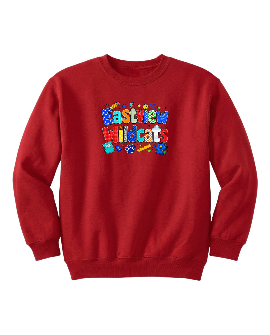 A red sweatshirt with the text "Eastview Wildcats" printed on it.