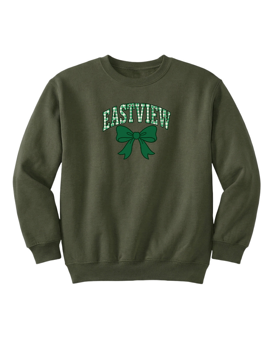 A dark green sweatshirt with a green bow and the text "EASTVIEW" printed on it.