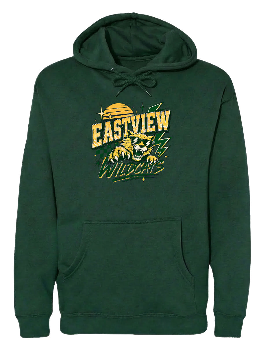 A dark green hoodie with a graphic design featuring a panther and the text "EASTVIEW WILDCATS" printed on it.