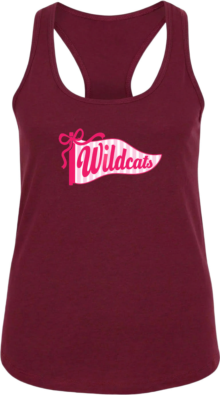 A burgundy tank top with a graphic design featuring the text "Wildcats" and a banner-like shape with a ribbon.