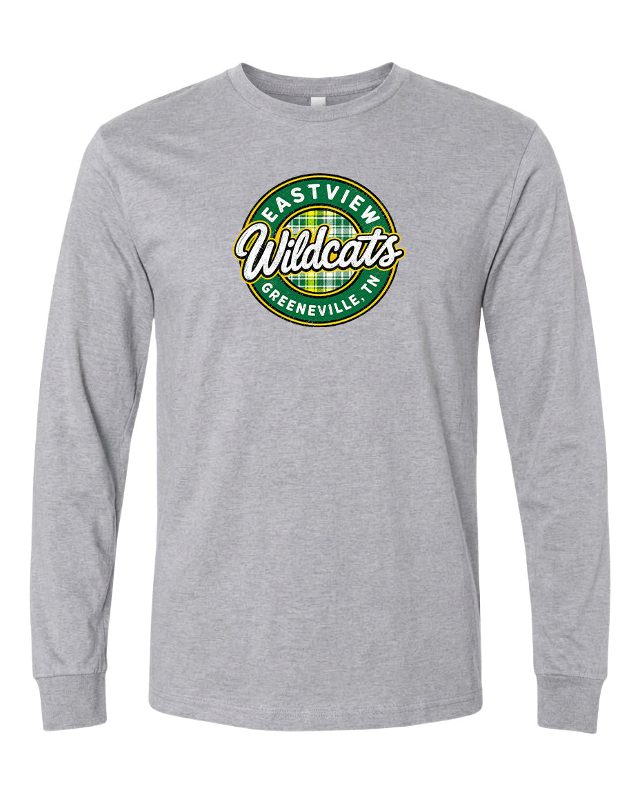 A gray long-sleeved t-shirt with a circular logo on the front.