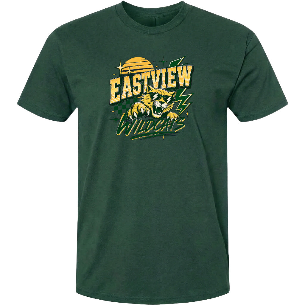 A green t-shirt with a graphic design featuring a stylized cat and the text "EASTVIEW WILDCATS".