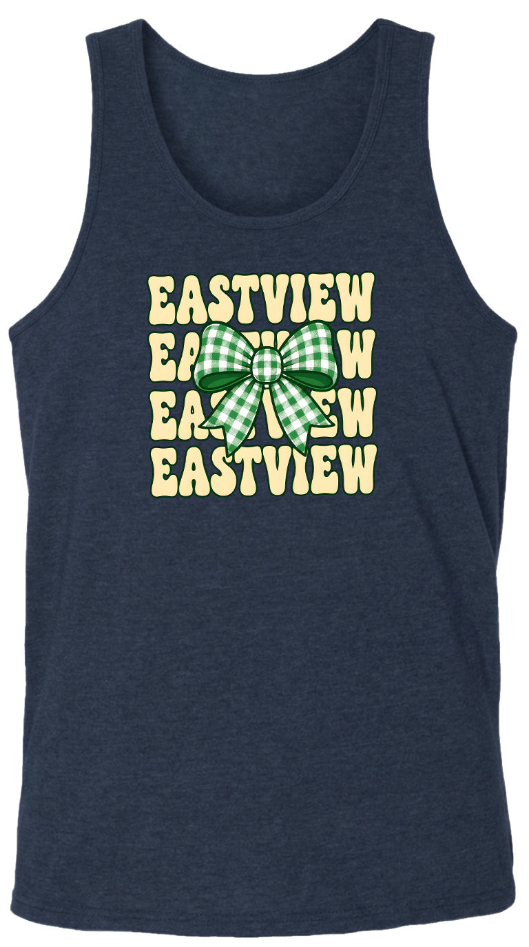 A dark blue tank top with a graphic design featuring a green and white checkered bow and the text "EASTVIEW EASTVIEW EASTVIEW" repeated in a vertical orientation.