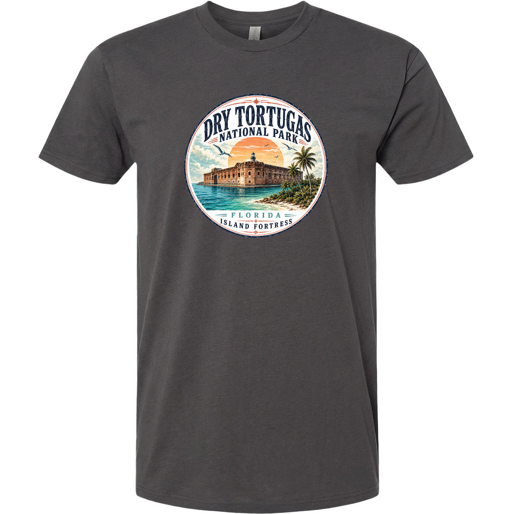 A t-shirt with a circular graphic design featuring a tropical beach scene with a building and palm trees.