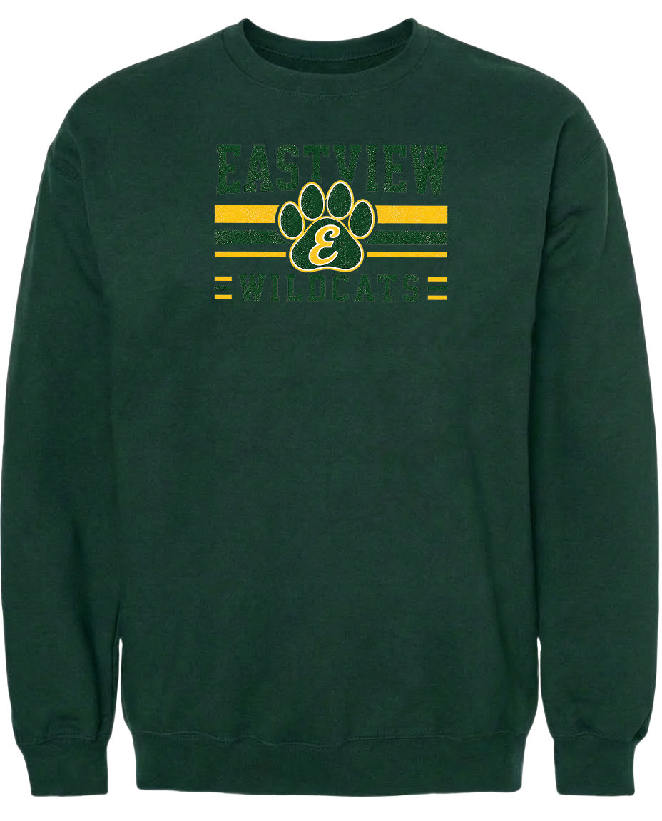 A dark green sweatshirt with a graphic design featuring a paw print and the text "EASTVIEW WILDCATS" printed on it.