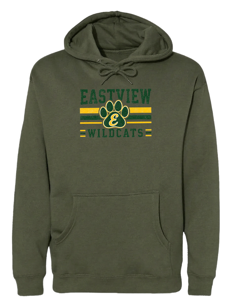 A dark green hoodie with a graphic design featuring a paw print and the text "EASTVIEW WILDCATS" printed on it.