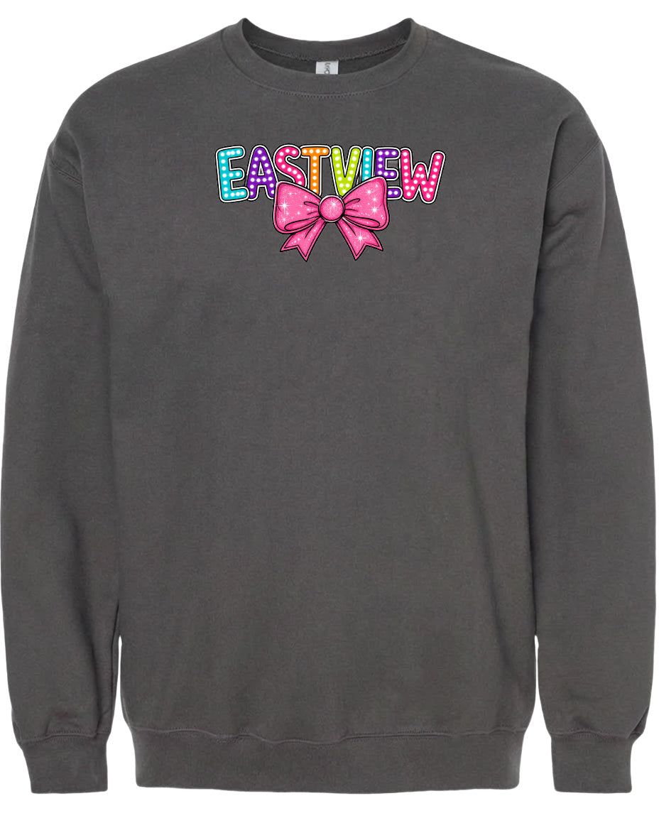 A gray sweatshirt with the word "EASTVIEW" and a bow printed on it.