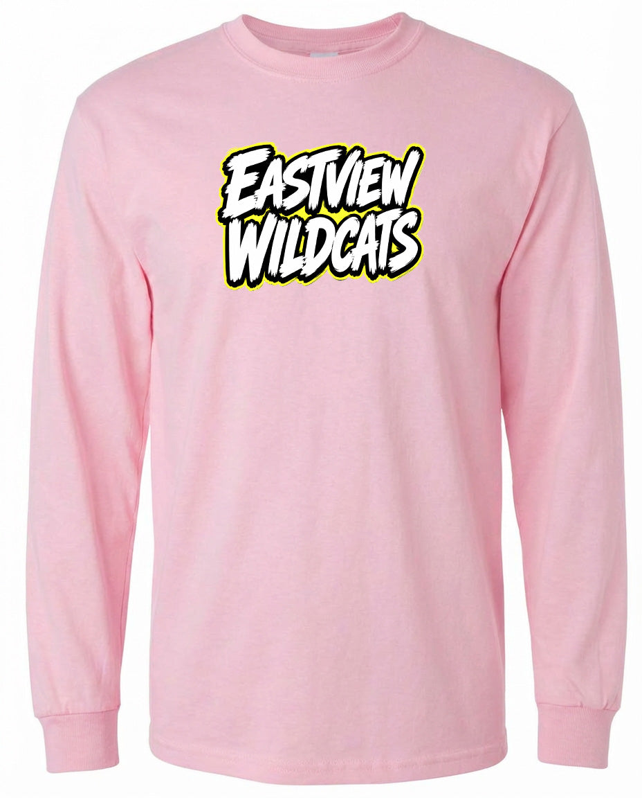 A pink long-sleeved shirt with the text "EASTVIEW WILDCATS" printed on it in a stylized font.