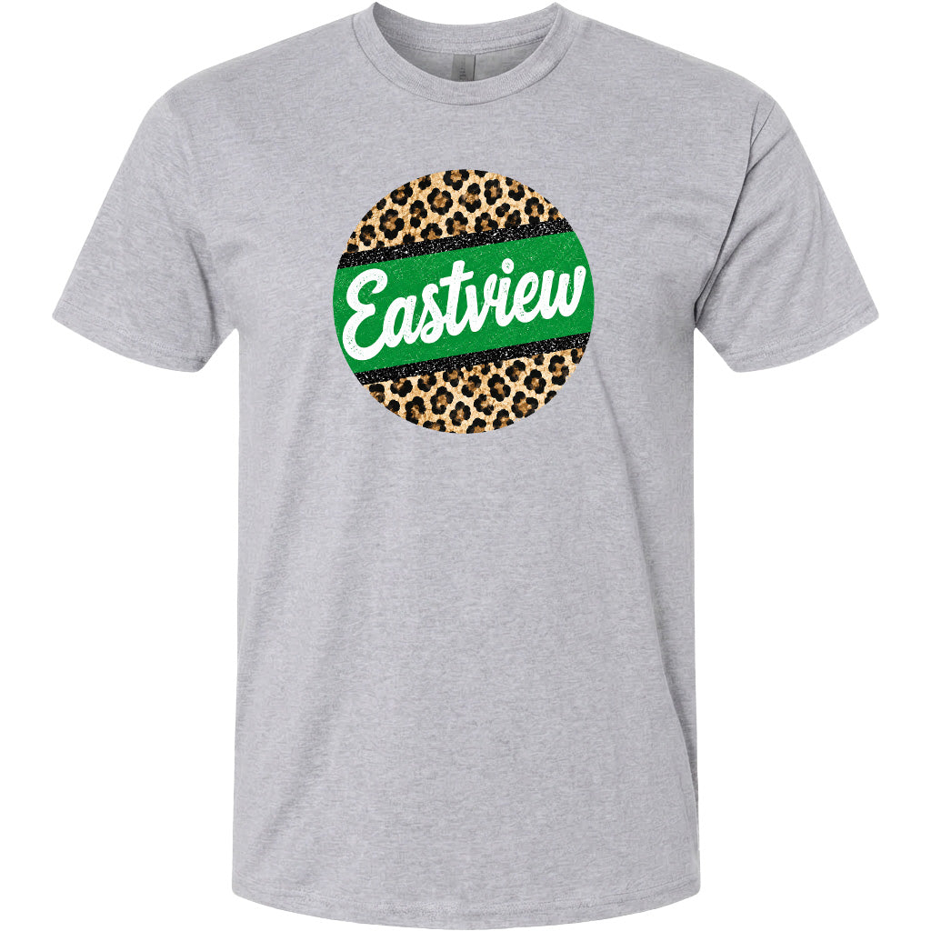 A gray t-shirt with a circular graphic design featuring a leopard print pattern and the word "Eastview" written in white cursive text.