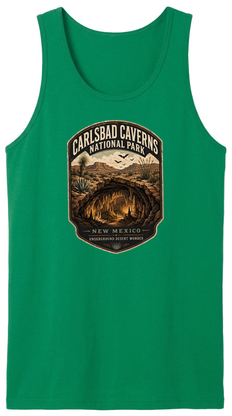 A green tank top with a graphic design depicting the Carlsbad Caves National Park in New Mexico, featuring a desert landscape with a cave system.