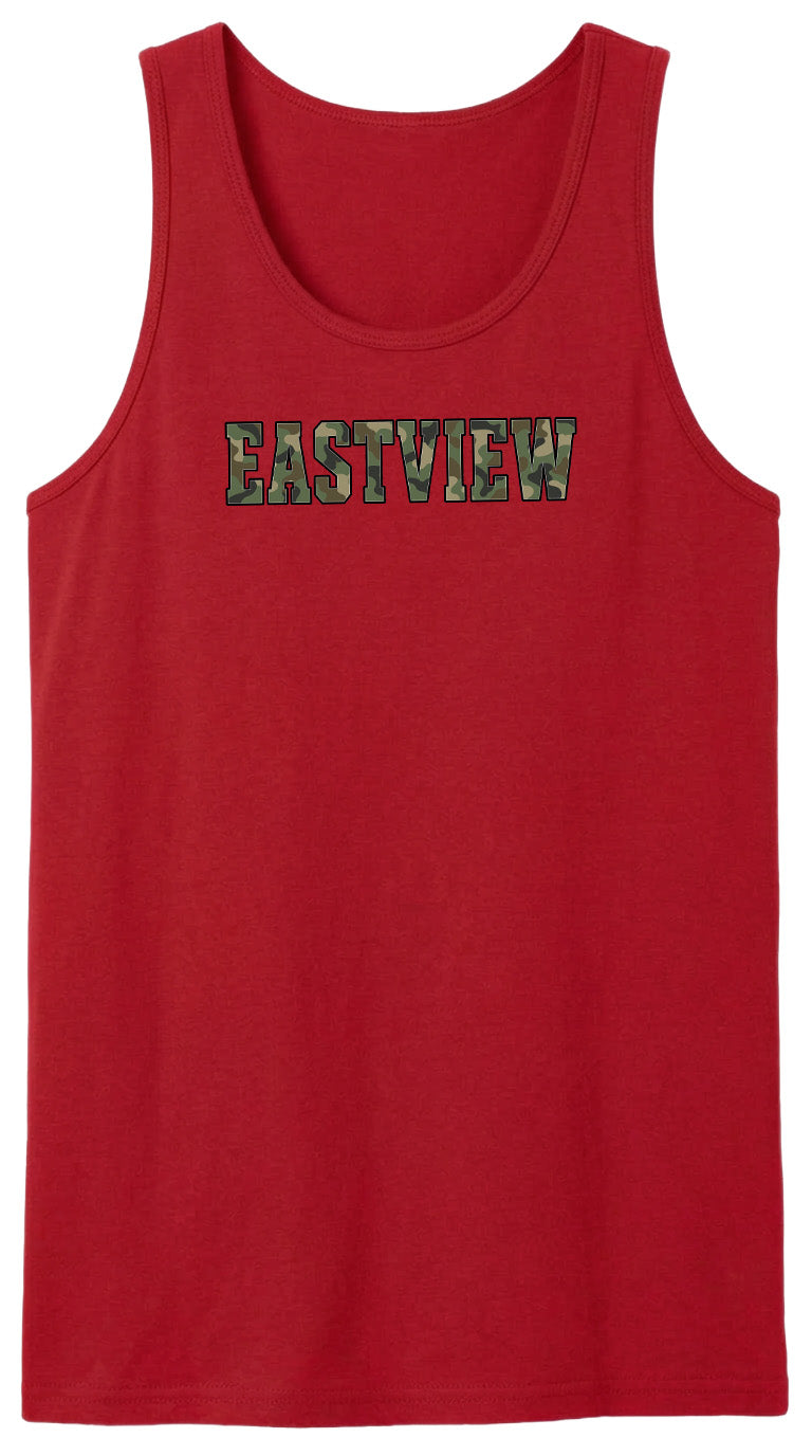 A red tank top with the word "EASTVIEW" printed on it in a camouflage pattern.