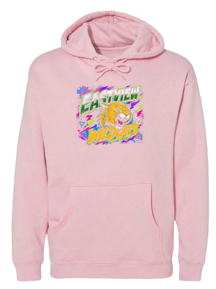 A pink hoodie with a graphic design featuring a tiger's head and the text "EASTVIEW WILD CATS" printed on it.