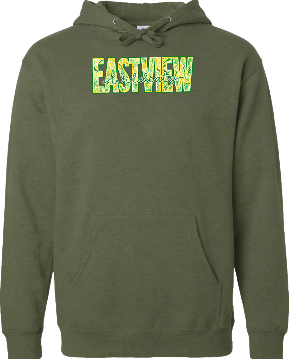 A green hoodie with the word "EASTVIEW" printed on it in a stylized font.