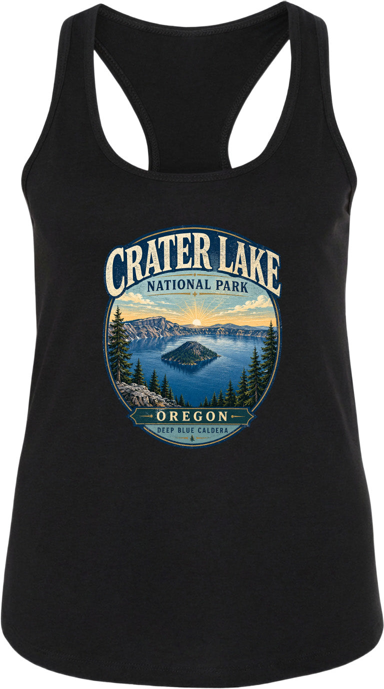 A black tank top with a graphic design depicting Crater Lake National Park in Oregon.