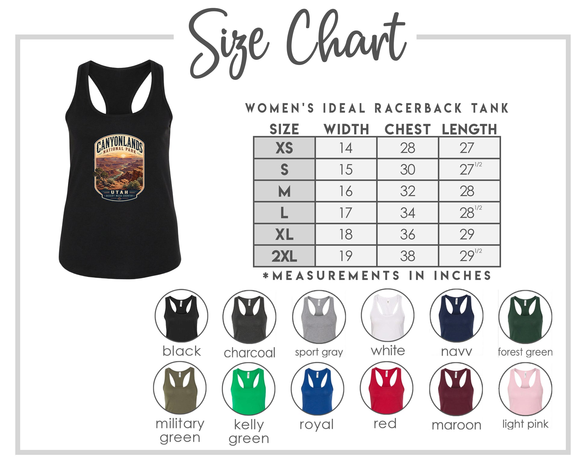 The image is a size chart for a women's ideal racerback tank, including various color options and corresponding chest measurements.
