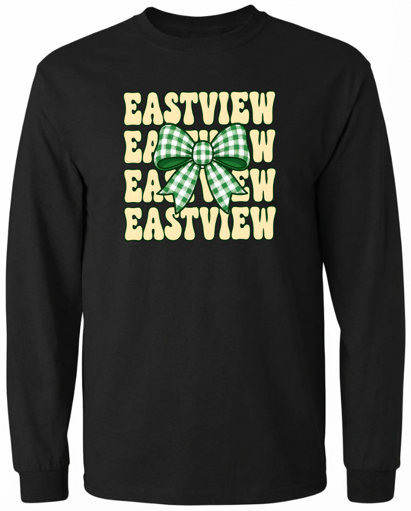 A black long-sleeved shirt with a graphic design featuring a green and white checkered bow and the text "EASTVIEW EASTVIEW EASTVIEW" printed on it.