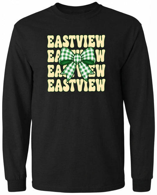 A black long-sleeved shirt with a graphic design featuring a green and white checkered bow and the text "EASTVIEW EASTVIEW EASTVIEW" printed on it.