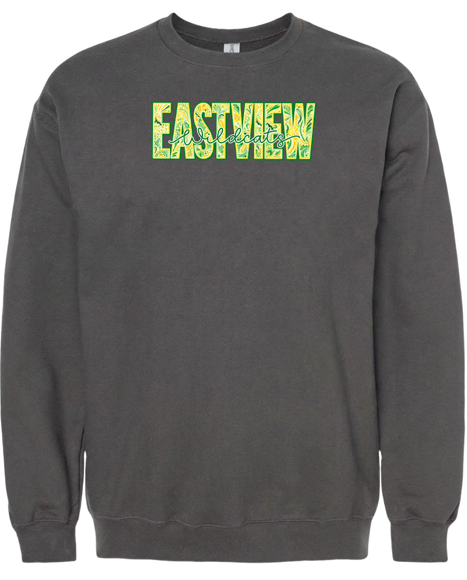 A gray sweatshirt with the word "EASTVIEW" printed in green text across the front.
