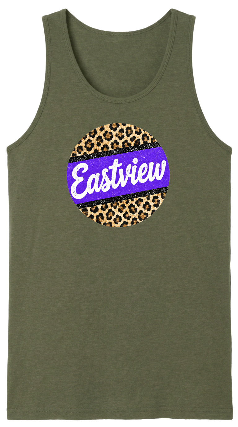 A green tank top with a purple and leopard print circular logo on it.