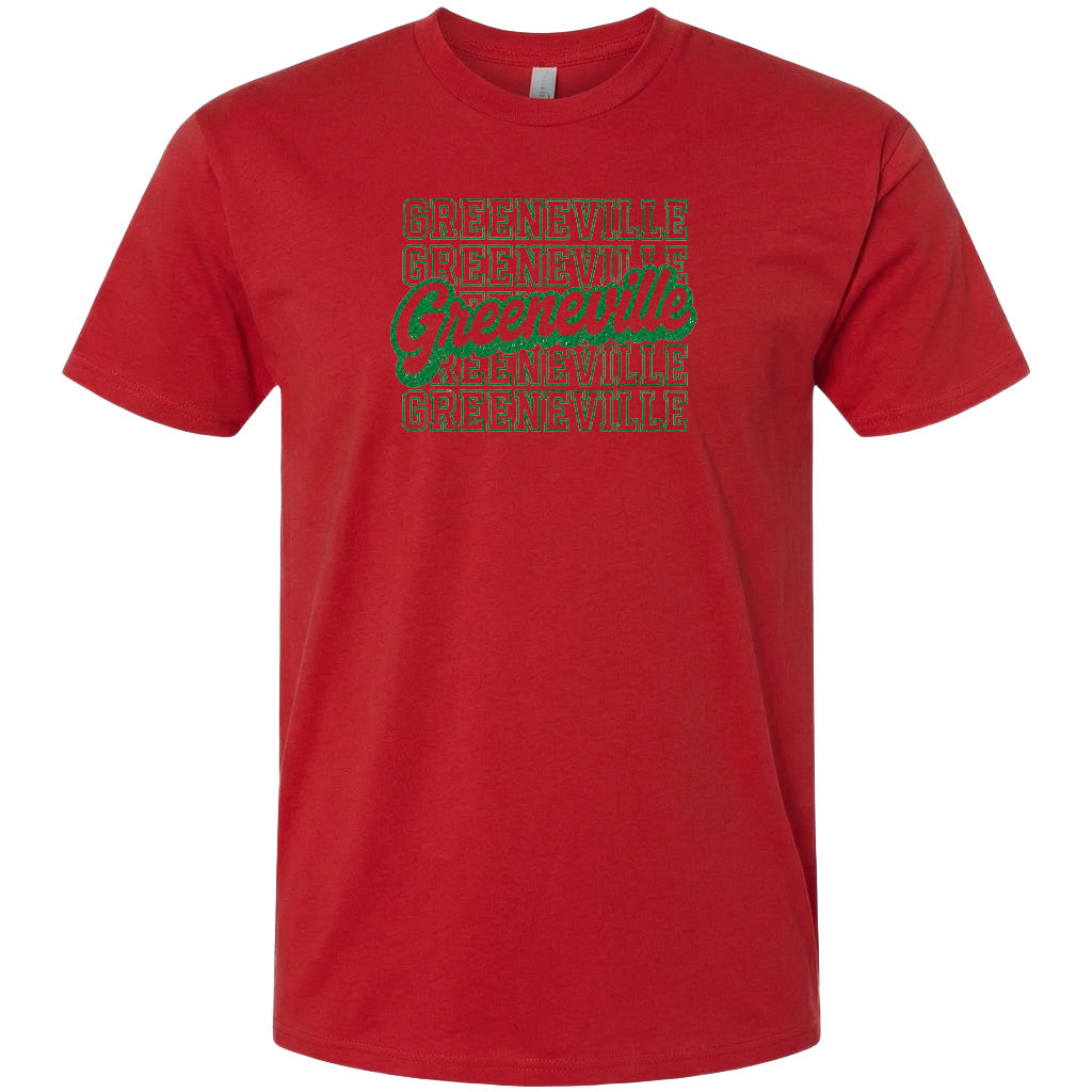 A red t-shirt with a graphic design featuring the text "Greenville" in green and red colors.