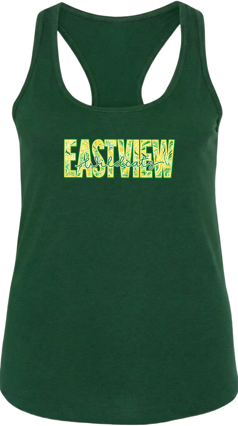 A green tank top with the word "EASTVIEW" printed on it in a stylized font.