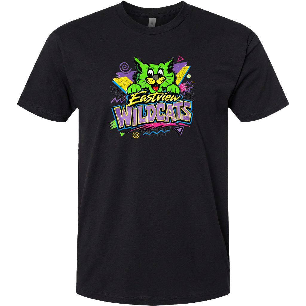 A black t-shirt with a colorful graphic design featuring a cartoon cat and the text "Eastview Wildcats".