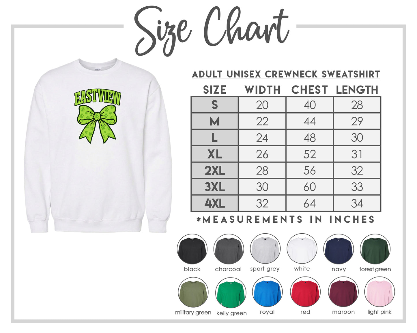 The image is a size chart for an adult unisex crewneck sweatshirt. It includes a white sweatshirt with a green bow and a table with size and color information for different sizes.