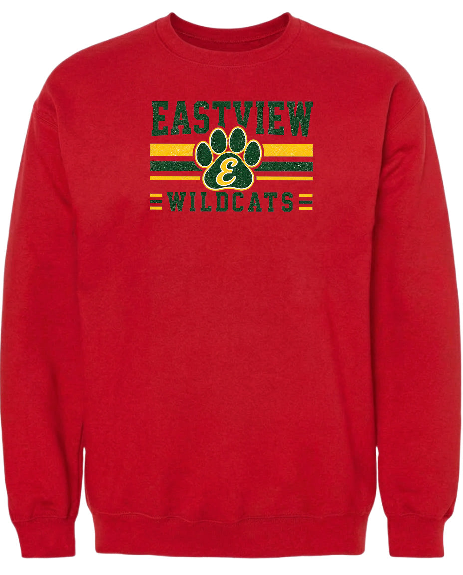 A red sweatshirt with a graphic design featuring a paw print and the text "EASTVIEW WILDCATS".
