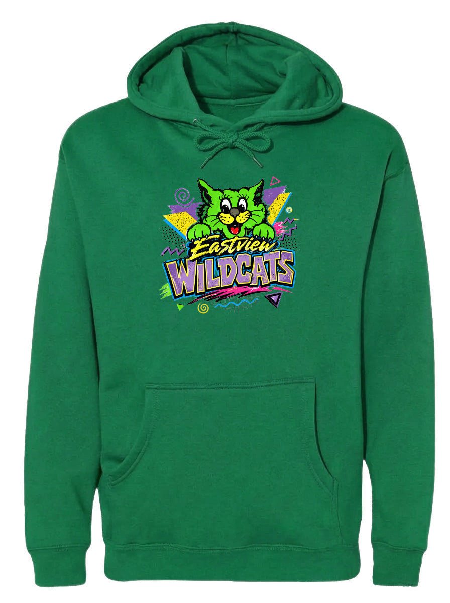 A green hoodie with a colorful graphic design featuring a cartoon cat and the text "EASTVIEW WILDCATS".