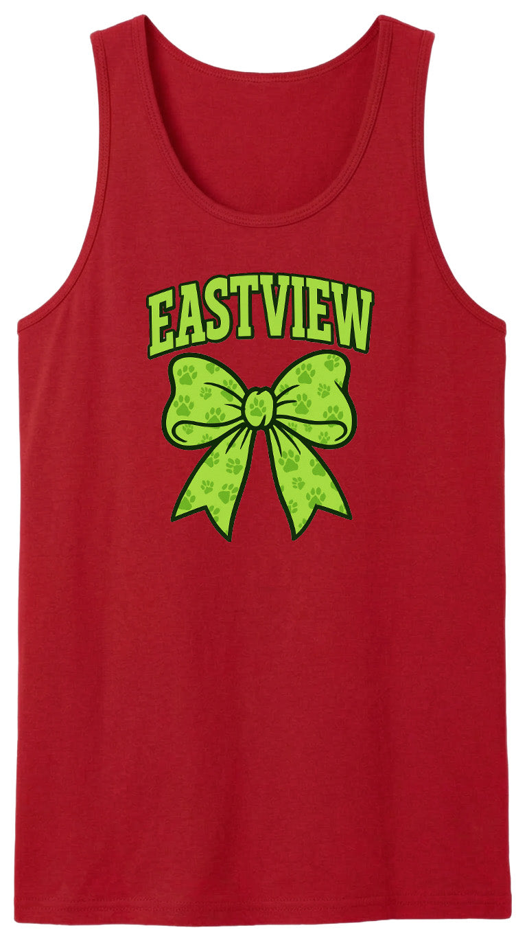A red tank top with a green bow and the word "EASTVIEW" printed on it.