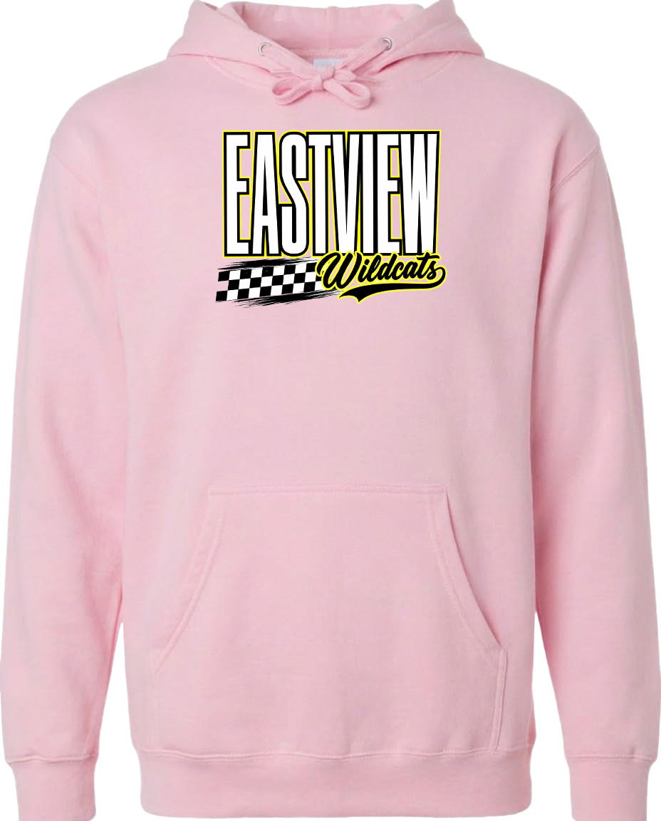 A pink hoodie with a graphic design featuring the text "EASTVIEW Wildcats" and a checkered flag pattern.
