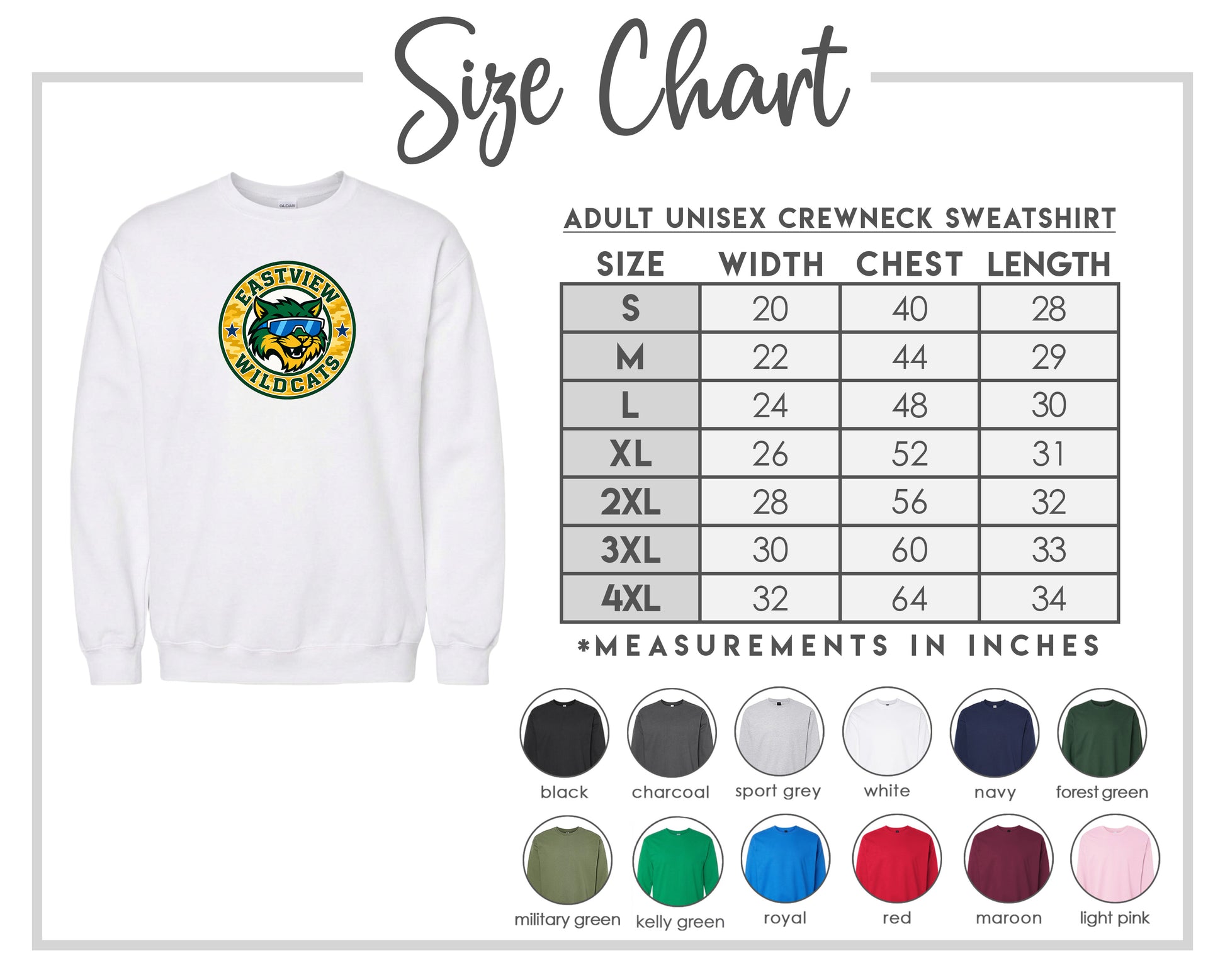 The image is a size chart for an adult unisex crewneck sweatshirt. It includes a white sweatshirt with a logo and a table with size measurements for different chest sizes.
