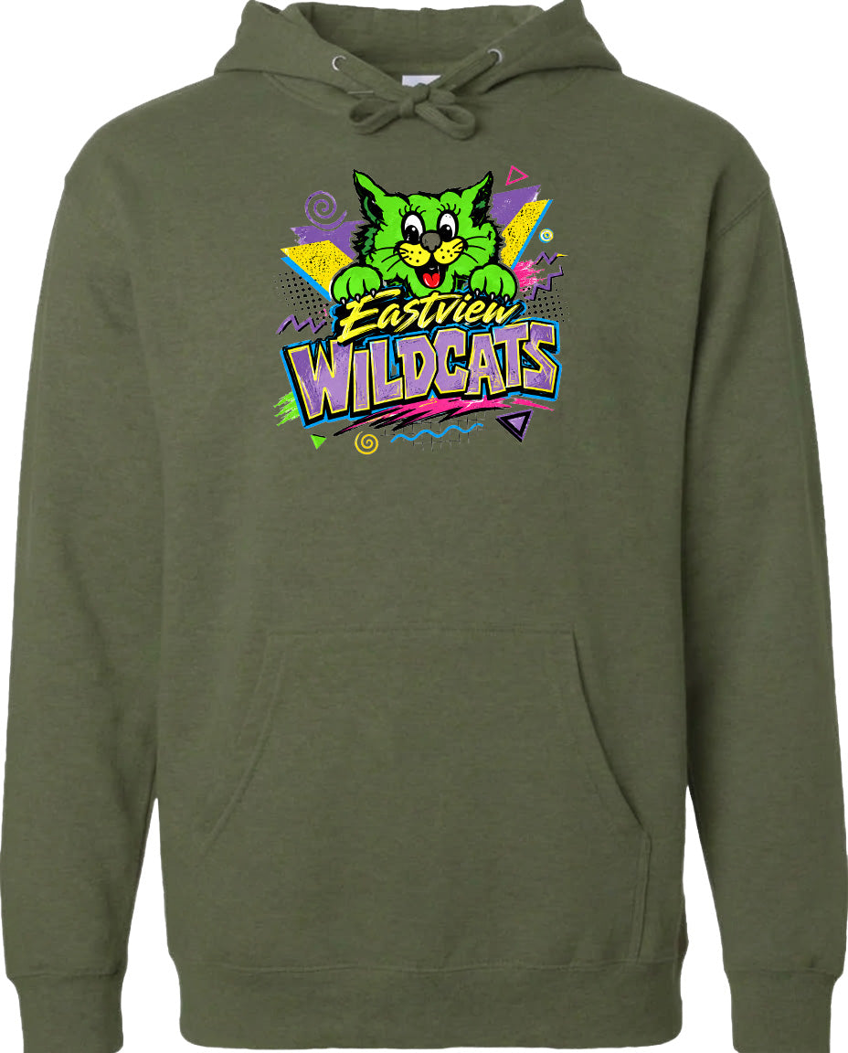 A green hoodie with a colorful graphic design featuring a cartoon cat and the text "EASTVIEW WILDCATS".