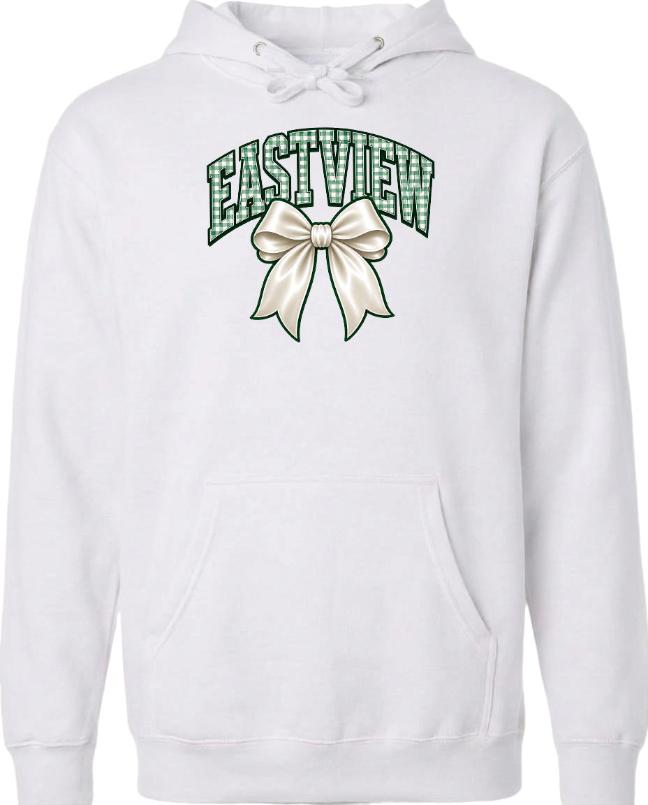 A white hoodie with a graphic design featuring a bow and the word "EASTVIEW" printed on it.