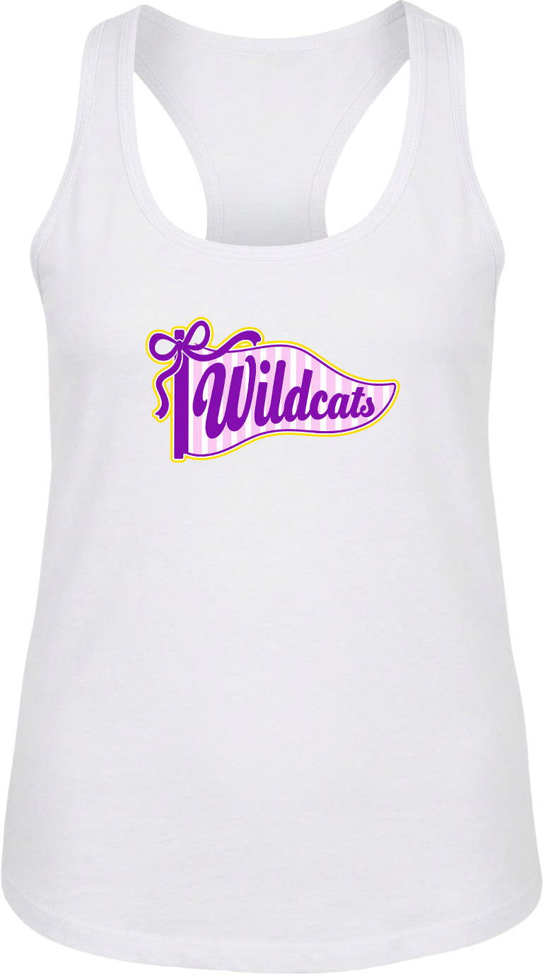A white tank top with a purple and yellow graphic design featuring the text "Wildcats" on it.