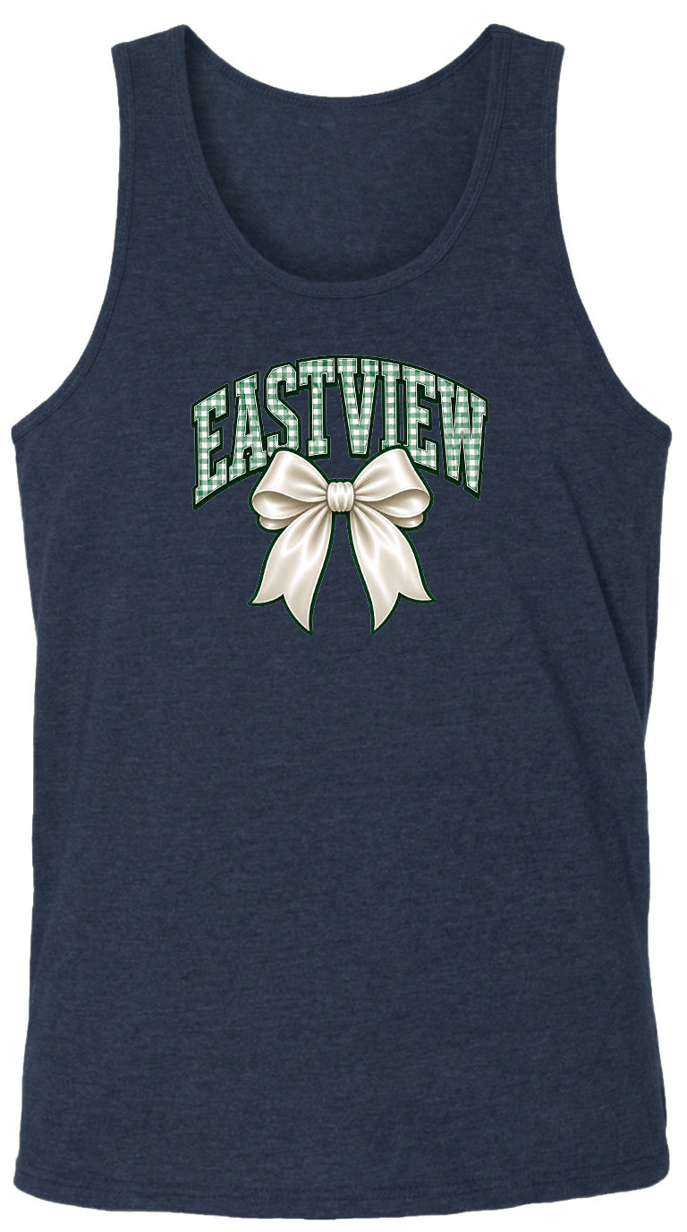 A navy blue tank top with a graphic design featuring a white bow and the word "EASTVIEW" printed on it.