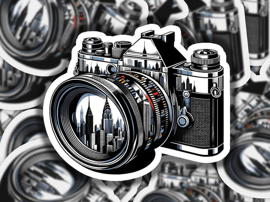 a camera sticker sitting on top of a pile of stickers