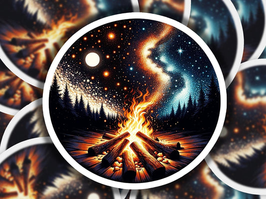 a painting of a campfire in the middle of a forest