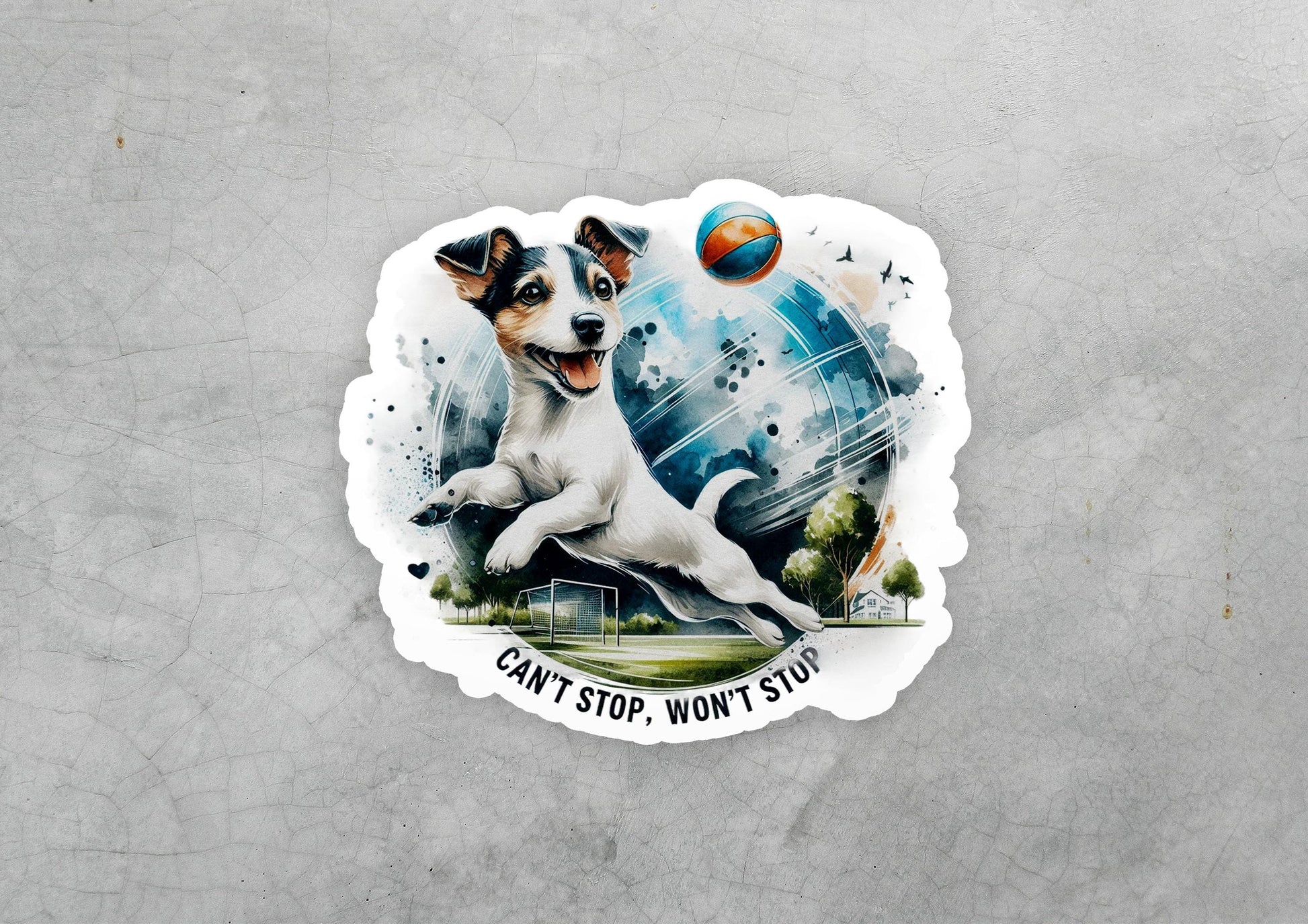 a sticker of a dog catching a ball