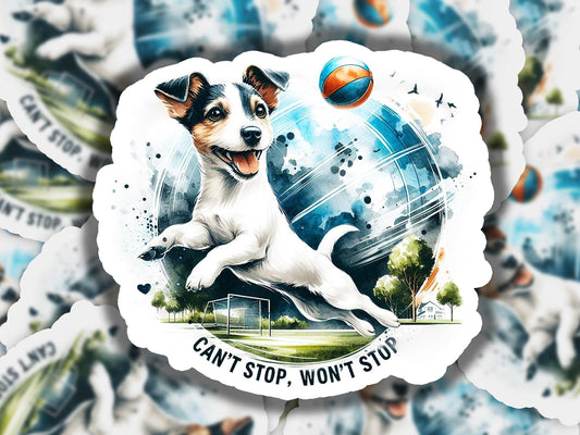 a sticker of a dog catching a ball