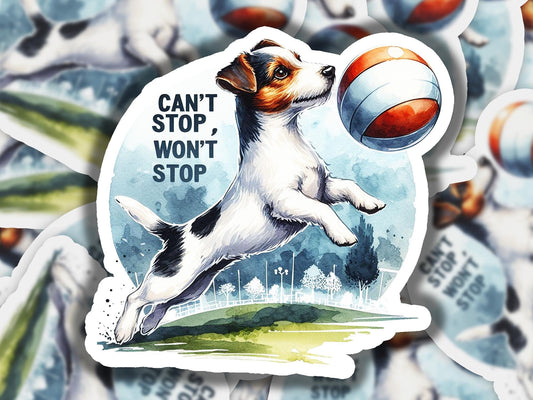 a sticker of a dog catching a ball