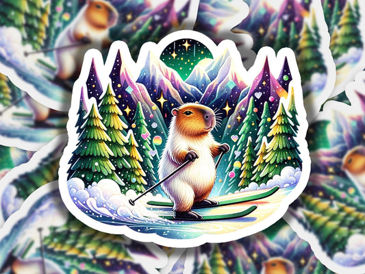 a sticker of a beaver skiing in the woods