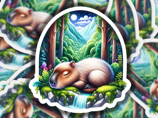 a sticker of a sleeping animal in a forest