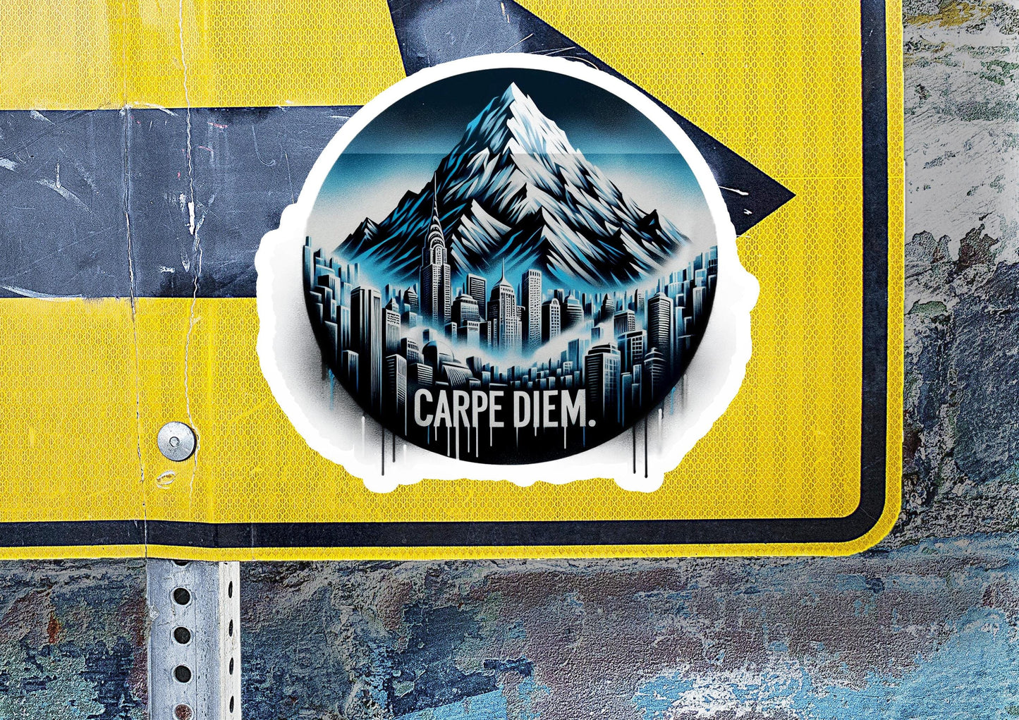 a sticker with a picture of a mountain on it