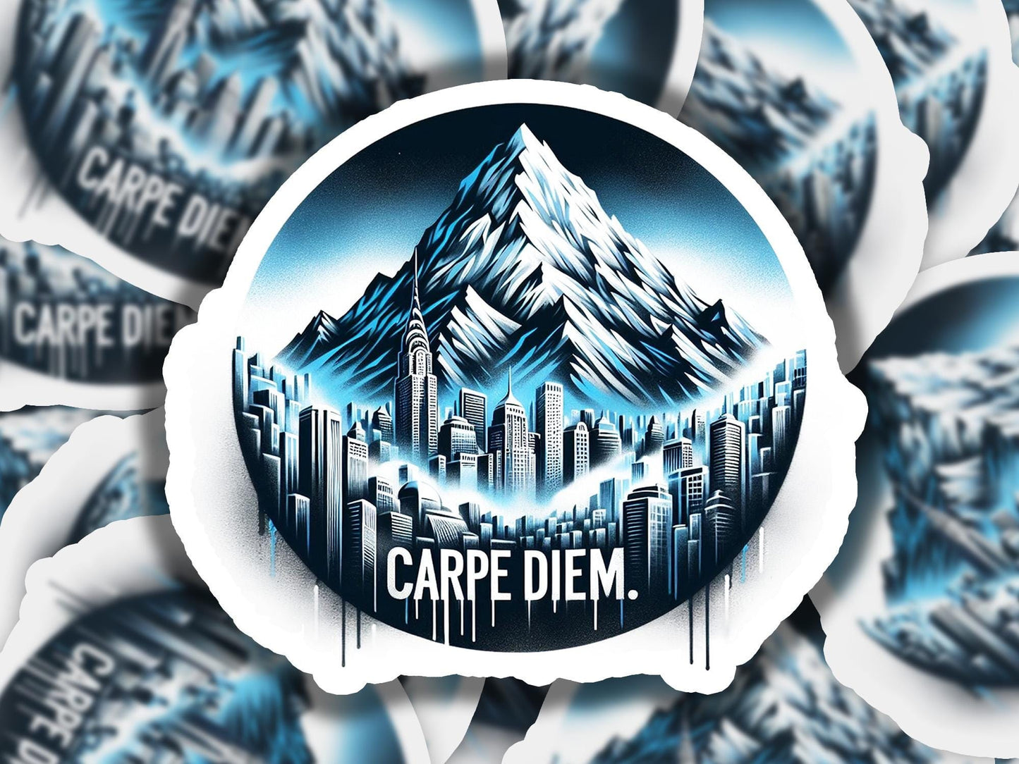 a sticker with a picture of a mountain and the words carpe diem