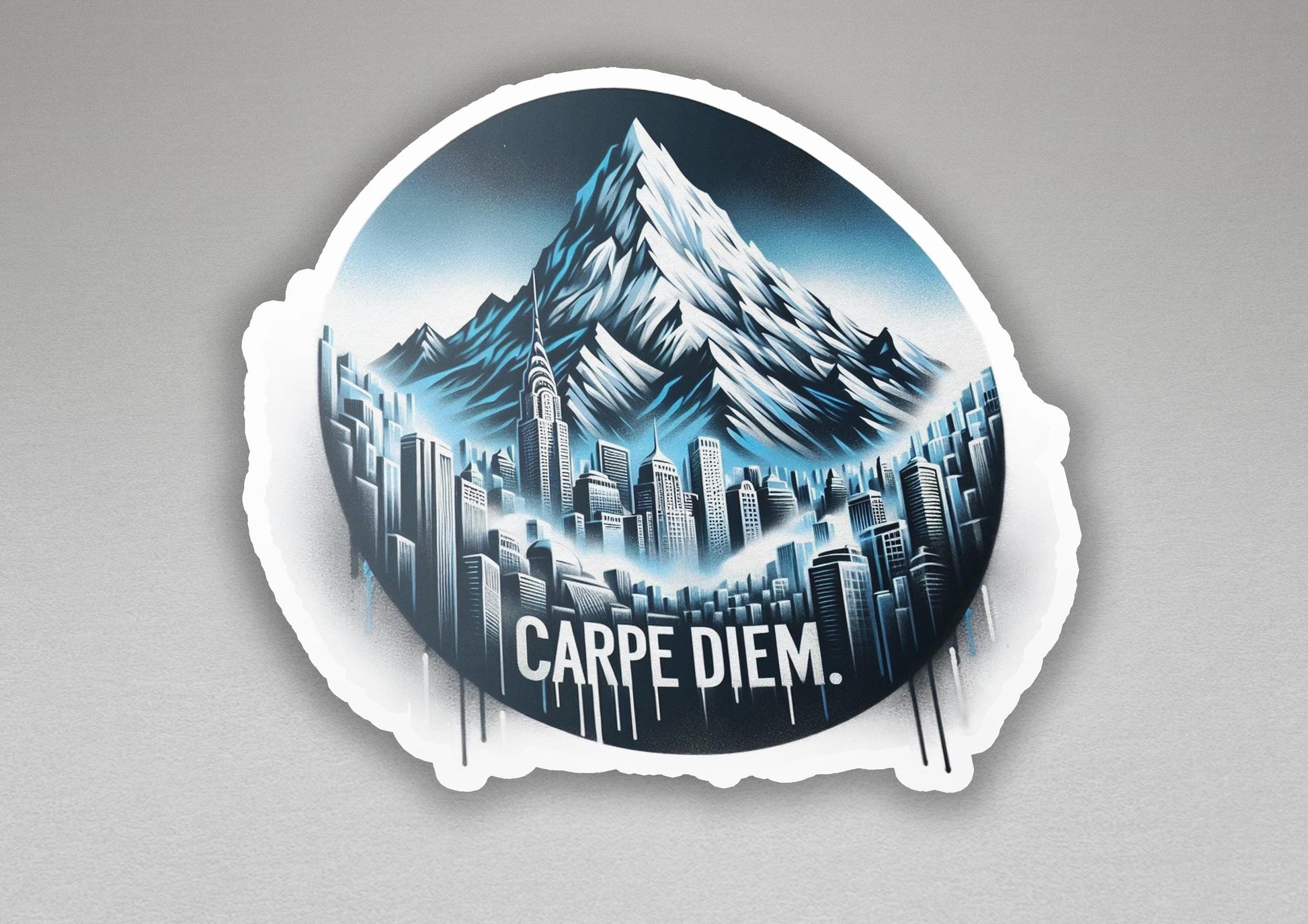 a sticker with a picture of a mountain and the words carpe diem